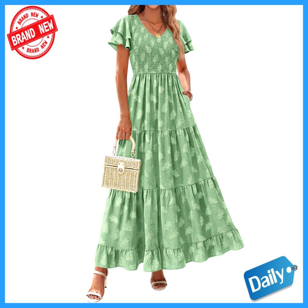 Maxi Dress With Ruffle Sleeves V Neck Smocked A Line Floral Boho Tiered